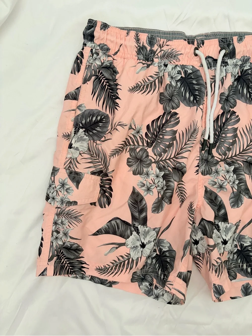 Men's Pink Tropical Floral Swim Trunks with Black Print